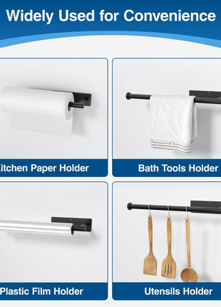 Paper Towel Holder - Self-Adhesive or Drilling, Matte Black Wall Mounted Rack - SUS304 Stainless Steel Kitchen Roll Dispenser under Cabinet