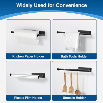 Paper Towel Holder - Self-Adhesive or Drilling, Matte Black Wall Mounted Rack - SUS304 Stainless Steel Kitchen Roll Dispenser under Cabinet