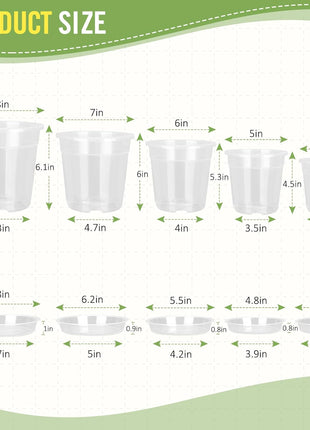 8/7/6/5/4 Inch Clear Nursery Pots with Drainage and Saucers, 10 Pack Clear Pots for Plants, Nursery Pots for Flowers, Succulents Outdoor Indoor