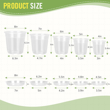 8/7/6/5/4 Inch Clear Nursery Pots with Drainage and Saucers, 10 Pack Clear Pots for Plants, Nursery Pots for Flowers, Succulents Outdoor Indoor