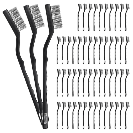 60 Pcs Mini Wire Brush Set Stainless Steel Wire Bristle Scratch Brush Small Metal Brush for Cleaning Curved Handle Masonry Welding for Cleaning Welding Slag and Rust Tool, Black, 6.7 Inches