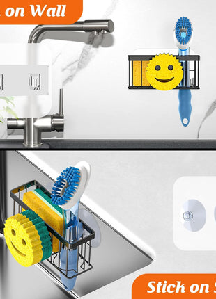 Sponge Holder Smiley Face, Sink Organizer with 2 Suction Cups/1 Adhesive Strips, Designed for Sponge, Soap, Dish Brush, Scrubber - Black
