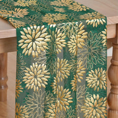 Green Gold Dahlia Flower Gauze Table Runner 120 Inch 10FT, Glitter Metallic Foil Seasonal Sheer Dining Holiday Table Decor for Home Party