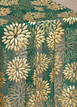 Green Gold Dahlia Flower Gauze Table Runner 120 Inch 10FT, Glitter Metallic Foil Seasonal Sheer Dining Holiday Table Decor for Home Party