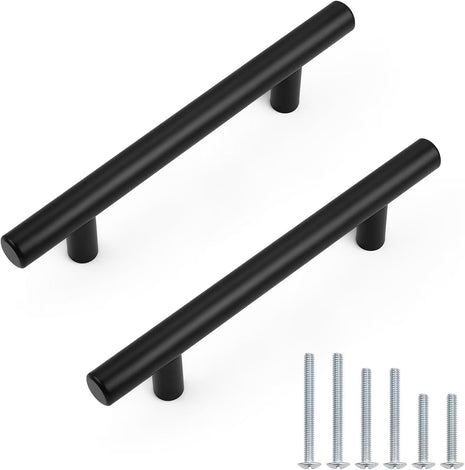 30 Pack Hole Centers 3-3/4Inch Matte Black Kitchen Cabinet Handles, Stainless Steel Dresser Drawer Pulls, Modern T Bar 6Inch Length Pull Handle for Closet