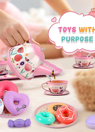 Tea Party Set for Little Girls, Flower Tea Sets Toys for Toddlers Girls Age 3 4 5 6 Year Old, Toddler Kids Kitchen Pretend Play Toys