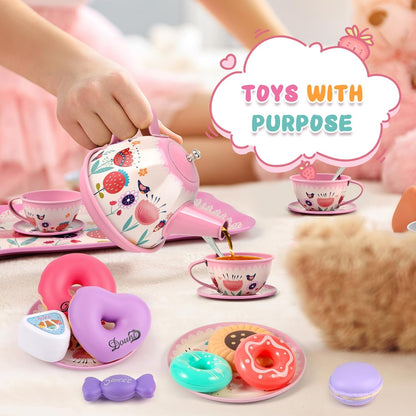 Tea Party Set for Little Girls, Flower Tea Sets Toys for Toddlers Girls Age 3 4 5 6 Year Old, Toddler Kids Kitchen Pretend Play Toys