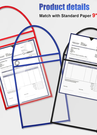 30 Pack Shop Ticket Holders for 9 X 12 Inches Hanging Sleeve Job Ticket Holders with Strap, Both Sides Clear, Black, Red, Blue