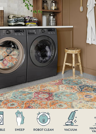 Moroccan Trellis Washable Rug, 2X3 Kitchen Rugs for Entryway Bathroom, Non-Slip Indoor Door Mat Ultra-Thin, Small Oriental Throw Carpet for Bedroom Entry Elise, Cream/Multi
