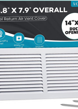 Return Air Grille,Fits 14X6 Duct Opening,Steel Return Vent Cover, White Vent Cover Grill for Sidewall and Ceiling,Havc Cold Air Return Vent Cover,Overall Size:15.8"W X 7.9"H