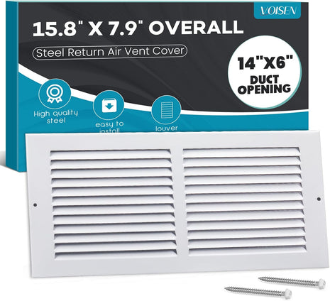 Return Air Grille,Fits 14X6 Duct Opening,Steel Return Vent Cover, White Vent Cover Grill for Sidewall and Ceiling,Havc Cold Air Return Vent Cover,Overall Size:15.8"W X 7.9"H