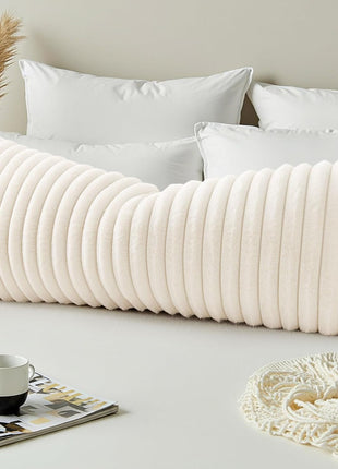 Summer Cozy Faux Fur Throw Pillow Covers 14X36 Pack of 1 Decorative Soft Plush Striped Lumbar Modern Farmhouse Boho Couch Pillow Cases with Velvet Back for Sofa Bed Living Room, Cream White