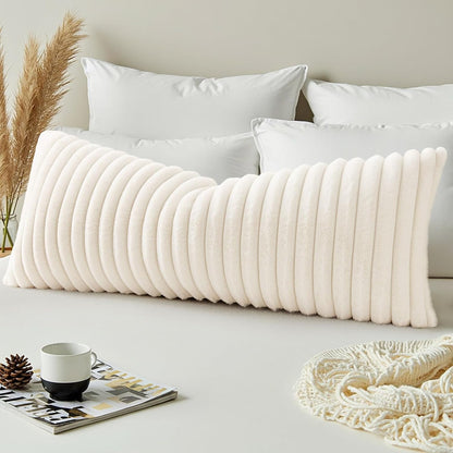 Summer Cozy Faux Fur Throw Pillow Covers 14X36 Pack of 1 Decorative Soft Plush Striped Lumbar Modern Farmhouse Boho Couch Pillow Cases with Velvet Back for Sofa Bed Living Room, Cream White