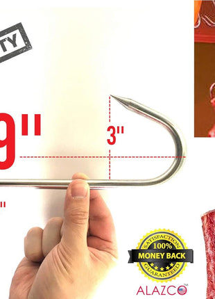 4Pc 9" Heavy Duty & Thick Stainless Steel Meat Processing Butcher Hook - Wild Game, Smoking Ribs BBQ Large Fish, Hunting, Carcass Deer Hanging S-Hook Excellent Quality 9Mm Thick
