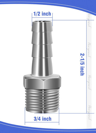304 Stainless Steel 1/2" Barb Hose to 1/2 NPT Home Brew Pipe Barbed Nipple Fitting. Pack of 4