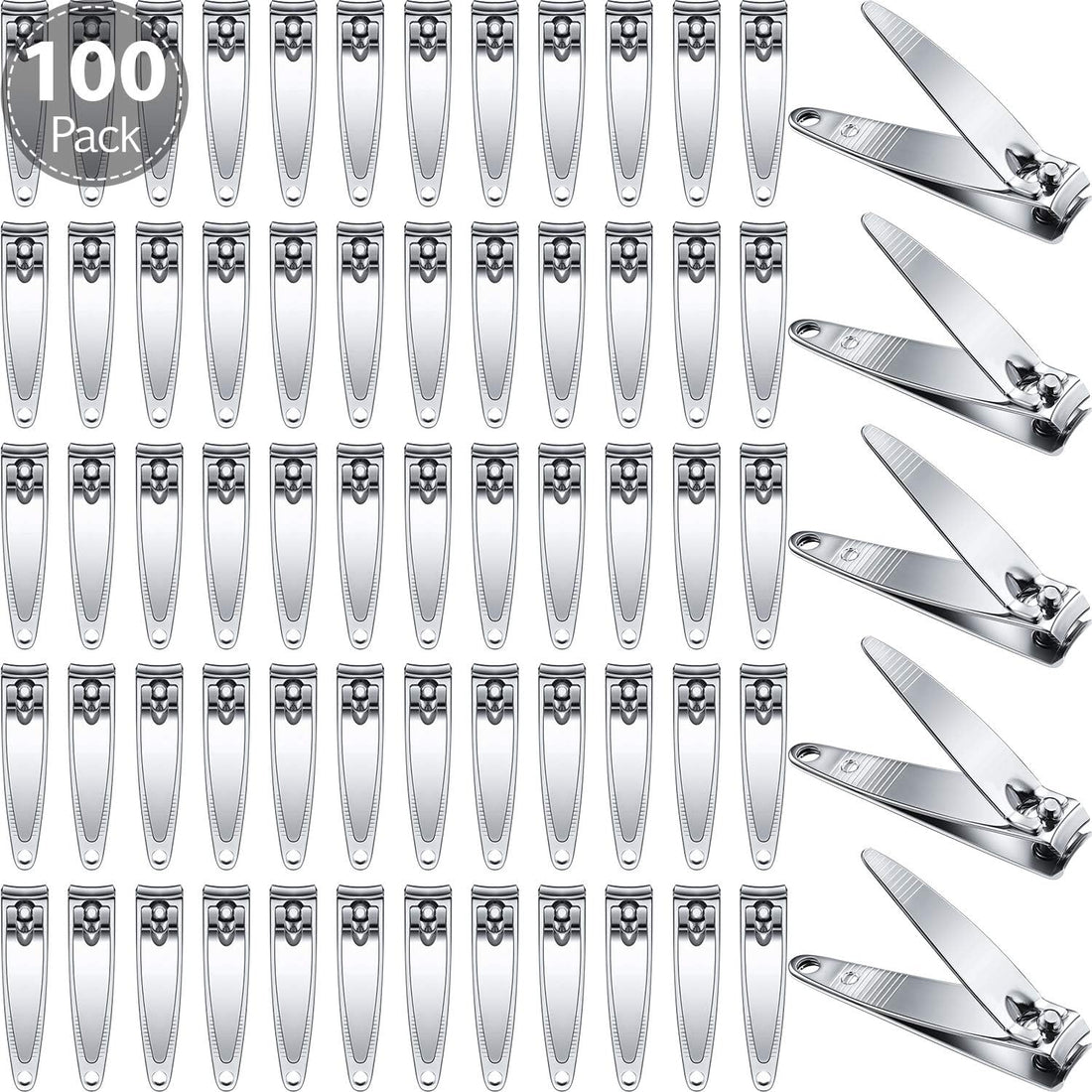 100 Pieces Nail Clippers Set Bulk for Men Women Ultra Sharp Stainless Steel Fingernail Toenail Clippers Portable Travel Sturdy Trimmer Pointed Pedicure Manicure Care (Silver)
