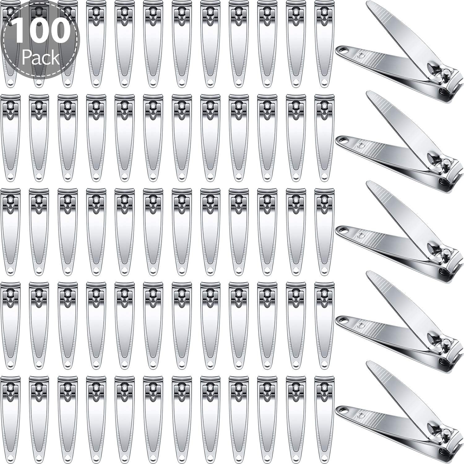 100 Pieces Nail Clippers Set Bulk for Men Women Ultra Sharp Stainless Steel Fingernail Toenail Clippers Portable Travel Sturdy Trimmer Pointed Pedicure Manicure Care (Silver)