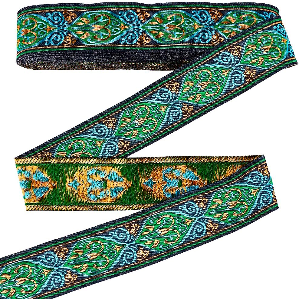 7.7 Yards Vintage Jacquard Ribbon Ethnic Embroidered Ribbon 1.3 Inch Wide Boho Ribbons Floral Woven Trim Green Fabric Trim for Sewing Clothes Crafting Bags Wedding Home Decor