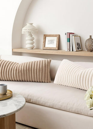 Summer Cozy Faux Fur Throw Pillow Covers 14X36 Pack of 1 Decorative Soft Plush Striped Lumbar Modern Farmhouse Boho Couch Pillow Cases with Velvet Back for Sofa Bed Living Room, Cream White