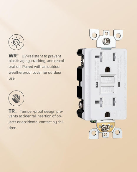 2-Pack GFCI Outlet 20Amp, Outdoor Weather-Resistant(Wr), Tamper-Resistant(Tr), UL Listed, Gfi Self-Test, LED Indicator, Wallplate Included with Thinner Design, White