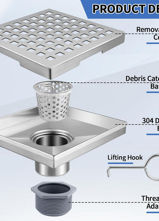 Square Shower Drain, 304 Stainless Steel 4 Inch Shower Floor Bathroom Shower Drain with CUPC Certified, Brushed Nickel 4'' Square Floor Drain, for Bathroom Toilet Washroom Drain Water