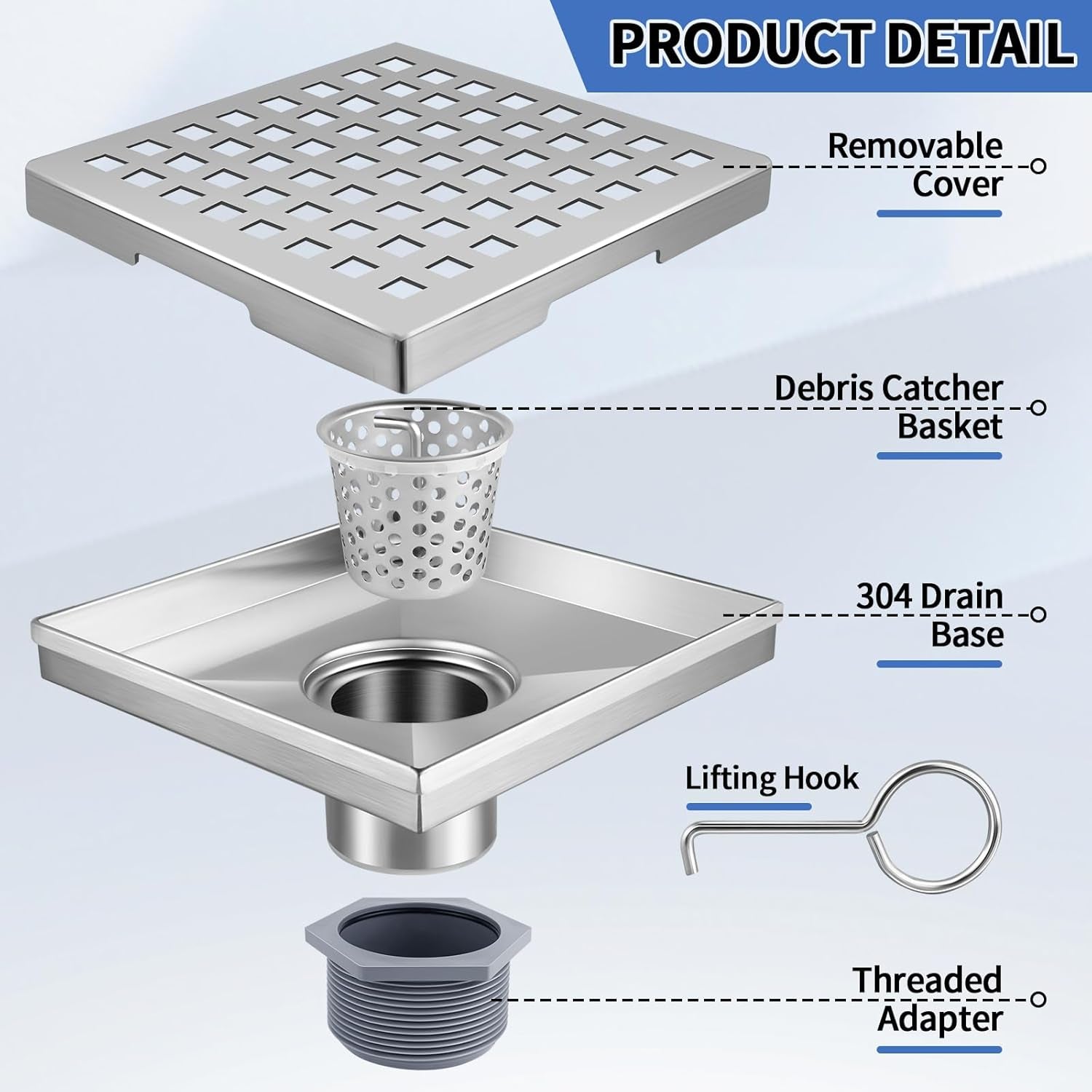 Square Shower Drain, 304 Stainless Steel 4 Inch Shower Floor Bathroom Shower Drain with CUPC Certified, Brushed Nickel 4&