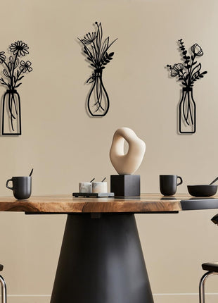 3 Pieces Metal Flowers Wall Arts - Rustic Farmhouse Decor Black Minimalist Flower Wall Decors for Living Room Bathroom Bedroom Dining Room - Housewarming Gifts(Black, Vase-C)