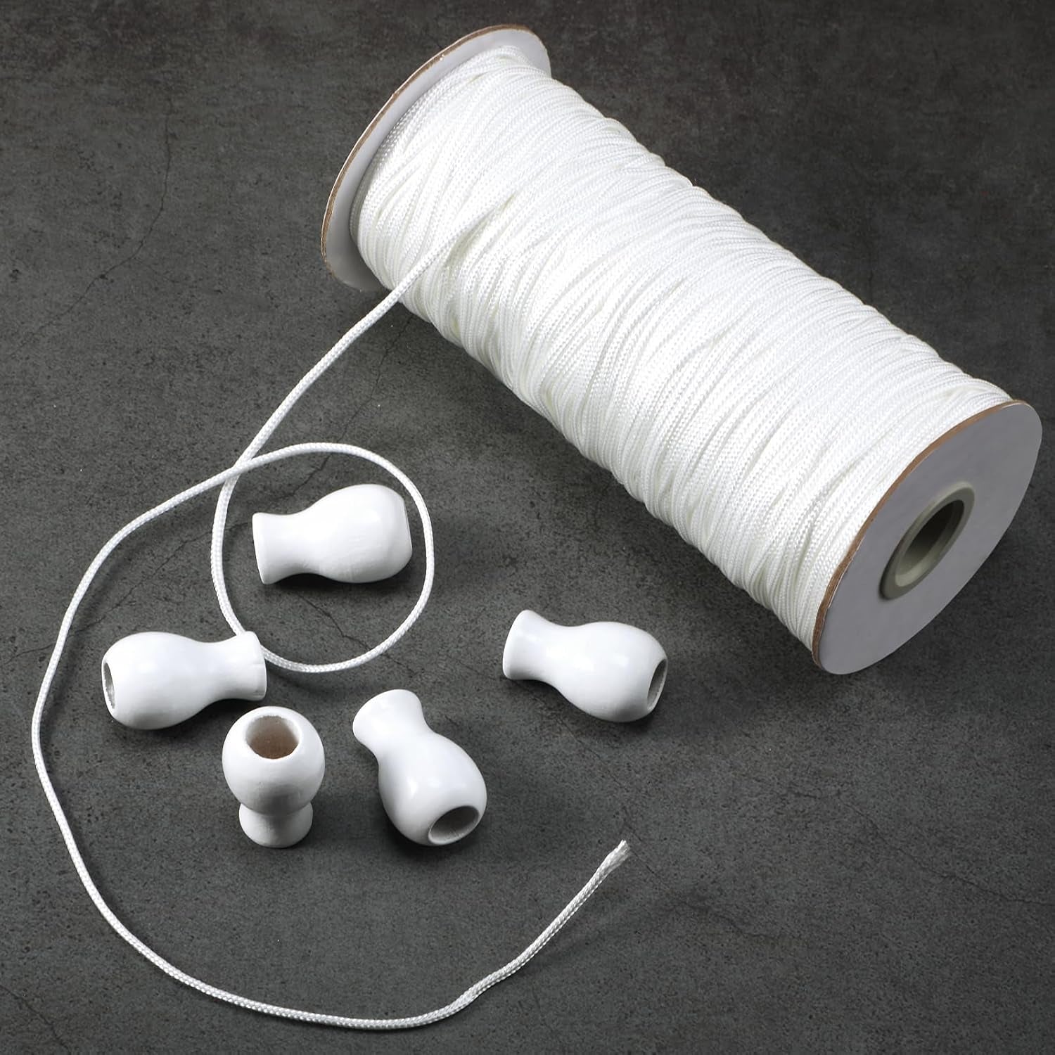 110 Yards Blind Cord 1.8 Mm Braided Lift Shade Curtain String and 12 Pieces Wood Blind Pull Cord Knobs for Roman Shade Kit, Curtain Craft(White)