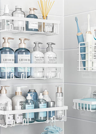 5 Pack Shower Caddy Organizer Rack Shelf for inside Shower, Self Adhesive Wall Storage Basket Rustproof Stainless Steel Shampoo Holder Bathroom Accessory Decor Set, White
