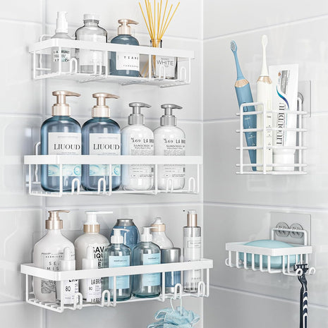 5 Pack Shower Caddy Organizer Rack Shelf for inside Shower, Self Adhesive Wall Storage Basket Rustproof Stainless Steel Shampoo Holder Bathroom Accessory Decor Set, White