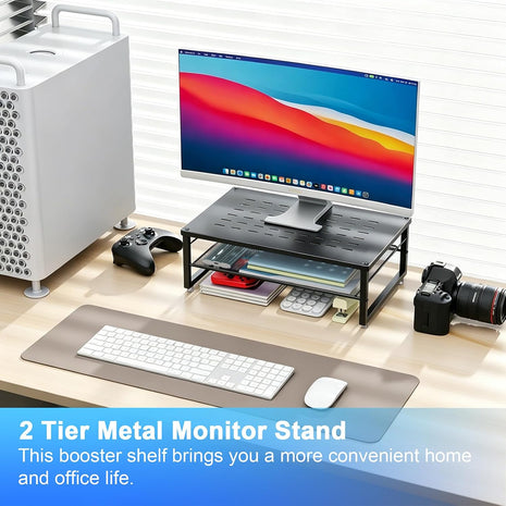Desk Organizers and Accessories, 2-Tier Metal Monitor Stand Riser, Desk Organizer for Monitor, Office Desk Storage Organizer for Office Supplies (Black)