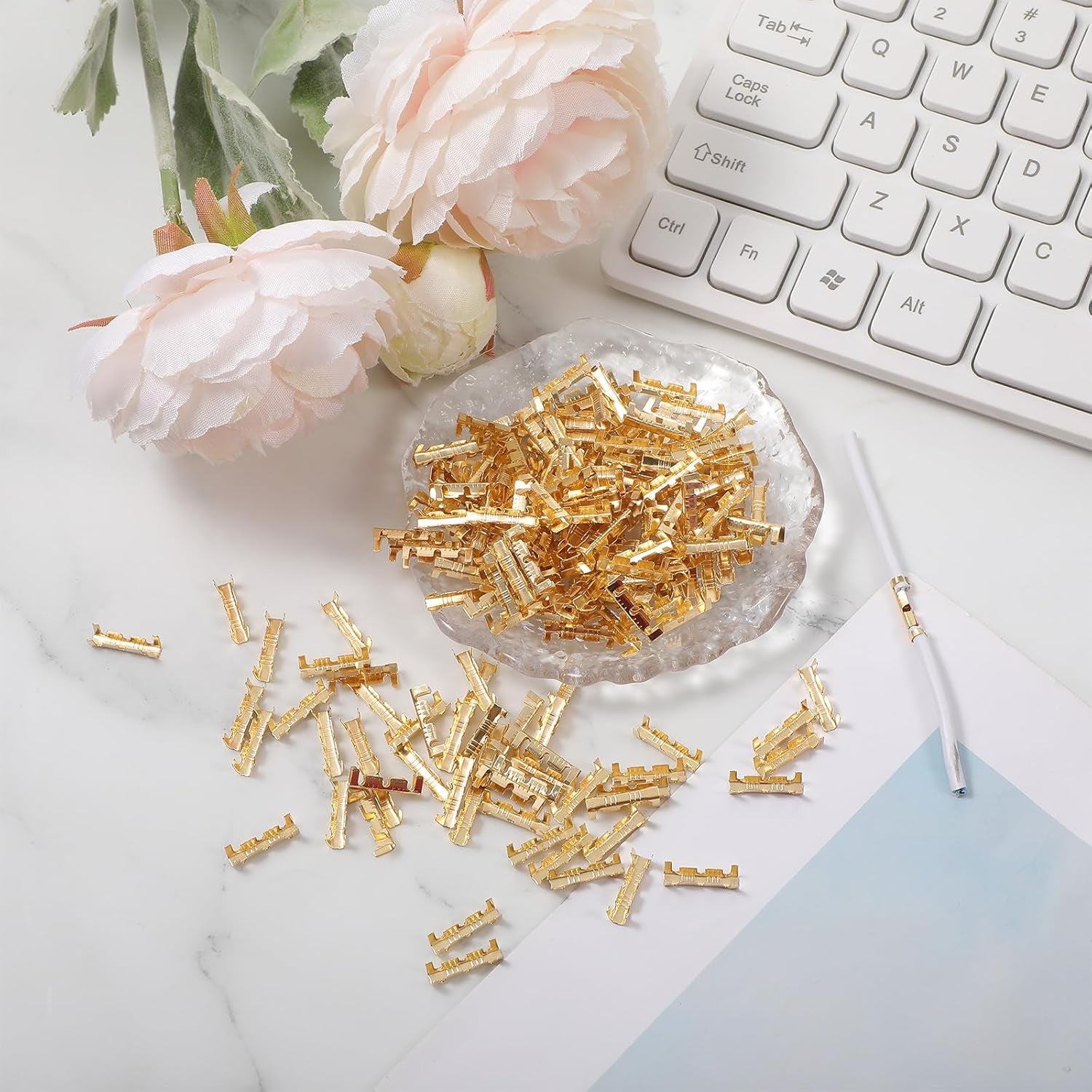 200Pcs U Shape Copper Ring Terminals, Brass Crimp Terminals Connector Open Barrel Crimp Terminal Non-Insulated Cable Wire Spade Electric Butt Connector for Electricity Automotive