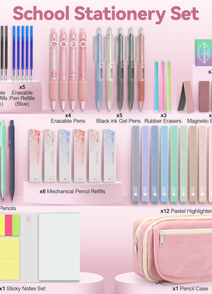 61 PCS Aesthetic School Supplies with Cute Pencil Case, Pastel No Bleed Highlighters, Gel & Erasable Pens, Mechanical Pencils, Refills, Complete Essentials Stationery Kit for Students (Pink)