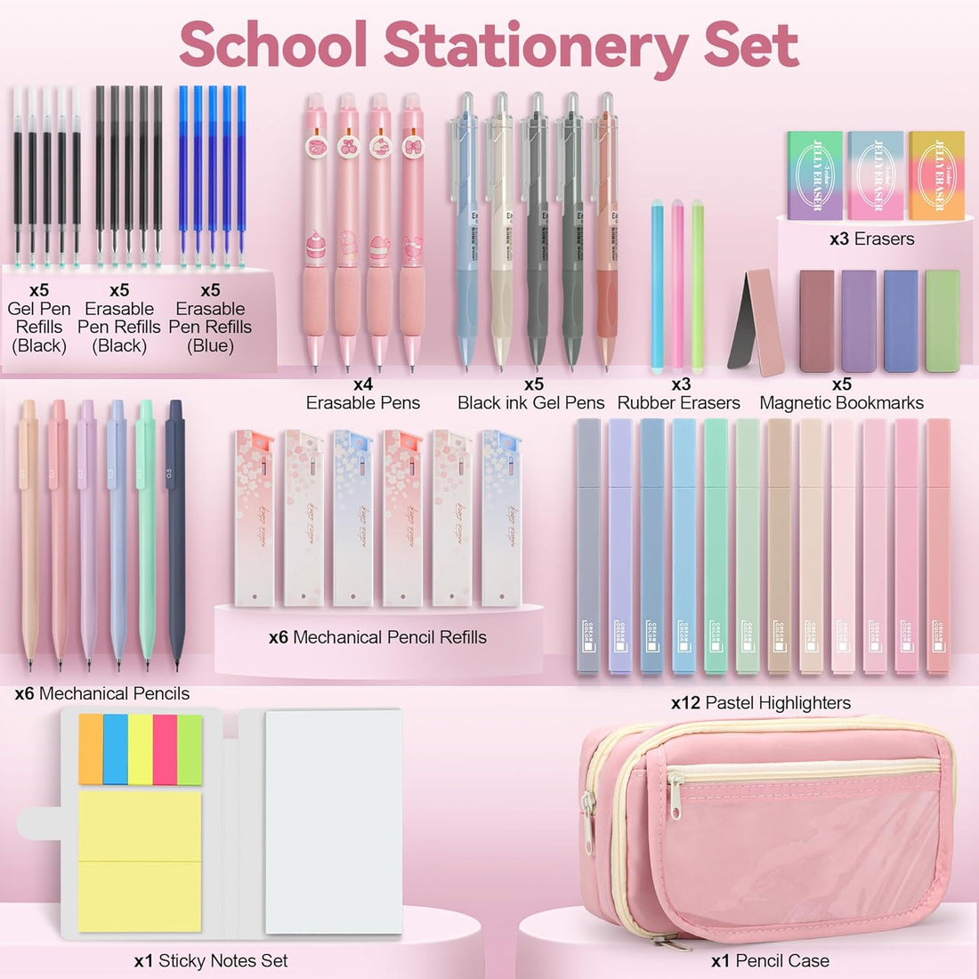 61 PCS Aesthetic School Supplies with Cute Pencil Case, Pastel No Bleed Highlighters, Gel &amp; Erasable Pens, Mechanical Pencils, Refills, Complete Essentials Stationery Kit for Students (Pink)