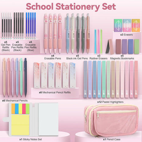 61 PCS Aesthetic School Supplies with Cute Pencil Case, Pastel No Bleed Highlighters, Gel & Erasable Pens, Mechanical Pencils, Refills, Complete Essentials Stationery Kit for Students (Pink)