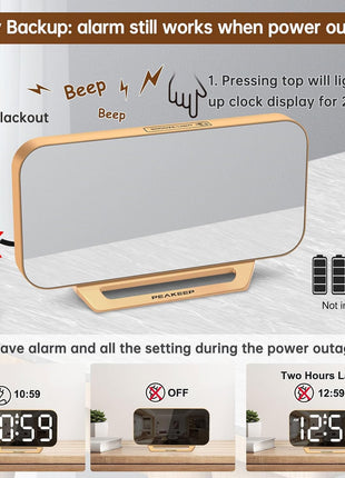 Slim Digital Mirror Aesthetic Alarm Clock for Bedrooms Desk Decor - Plug in Electric Big LED Modern Small Clock for Office Living Room, Battery Backup, 6 Dimmers (Gold)