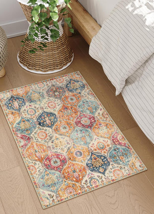 Moroccan Trellis Washable Rug, 2X3 Kitchen Rugs for Entryway Bathroom, Non-Slip Indoor Door Mat Ultra-Thin, Small Oriental Throw Carpet for Bedroom Entry Elise, Cream/Multi