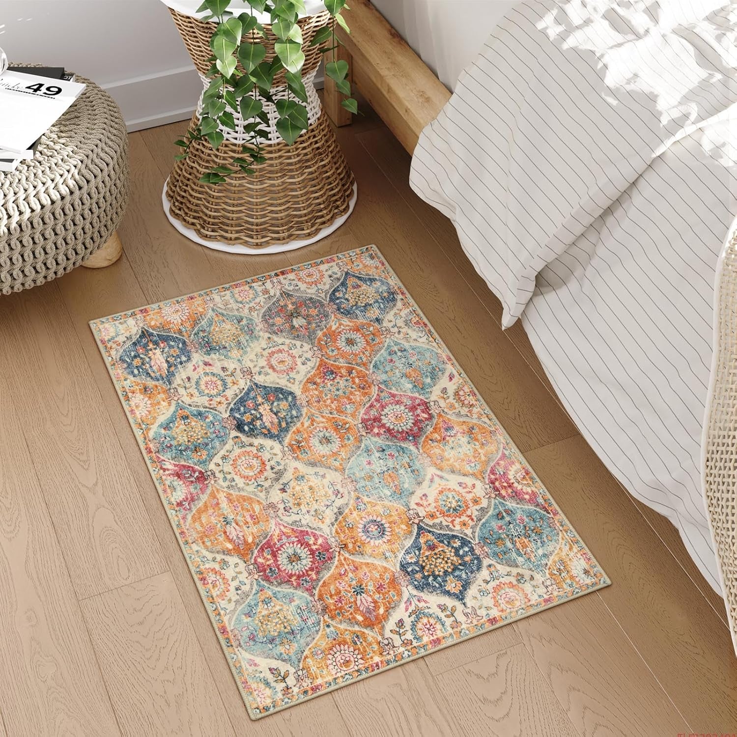 Moroccan Trellis Washable Rug, 2X3 Kitchen Rugs for Entryway Bathroom, Non-Slip Indoor Door Mat Ultra-Thin, Small Oriental Throw Carpet for Bedroom Entry Elise, Cream/Multi