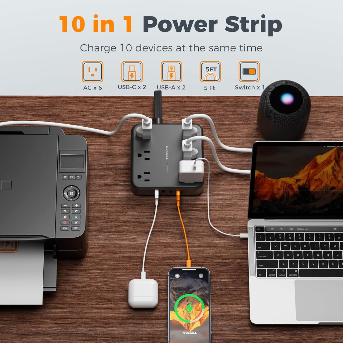 5Ft Black Extension Cord with Multiple Outlets, Surge Protector Power Strip with 6 Outlets and 4 USB Ports (2 USB C), 2100 Joules Protection, Flat Plug, Outlet Extender for Home, Office, Dorm