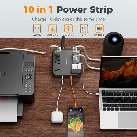 5Ft Black Extension Cord with Multiple Outlets, Surge Protector Power Strip with 6 Outlets and 4 USB Ports (2 USB C), 2100 Joules Protection, Flat Plug, Outlet Extender for Home, Office, Dorm