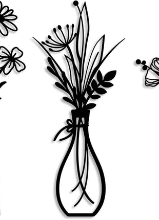 3 Pieces Metal Flowers Wall Arts - Rustic Farmhouse Decor Black Minimalist Flower Wall Decors for Living Room Bathroom Bedroom Dining Room - Housewarming Gifts(Black, Vase-C)