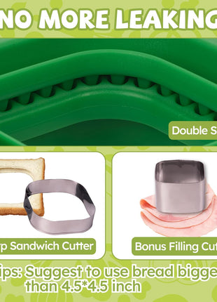 Uncrustables Sandwich Maker Sealer Cutter, Crustless Sandwich Cutter, PB&J Uncrustable Maker - Color Green, Square Shape
