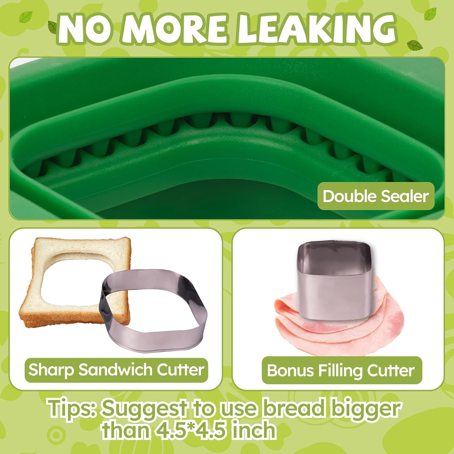 Uncrustables Sandwich Maker Sealer Cutter, Crustless Sandwich Cutter, PB&amp;J Uncrustable Maker - Color Green, Square Shape