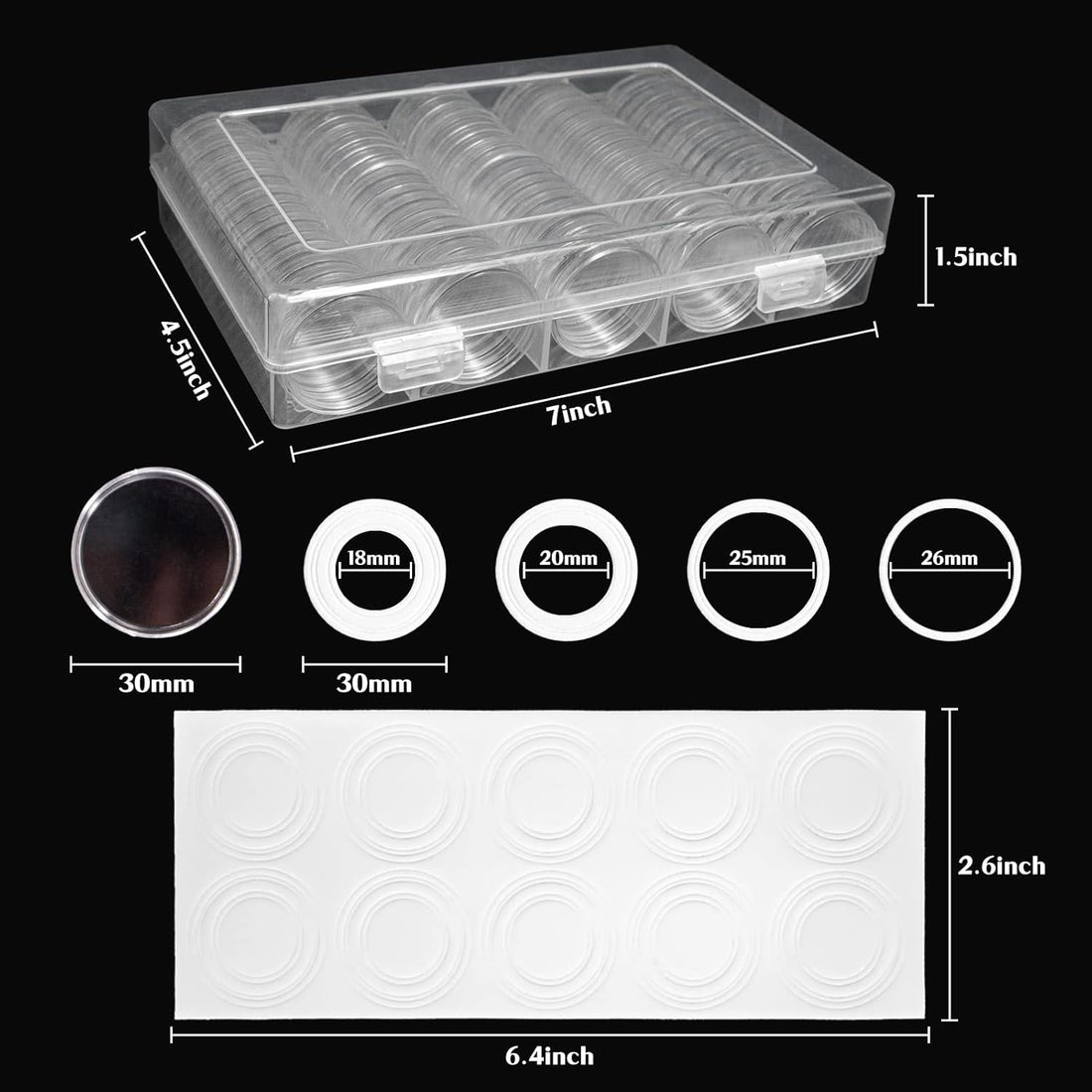 100 Pack 30Mm Coin Capsules with White Protect Gasket and Plastic Storage Organizer Box for Coin Collection Supplies, Clear and round Plastic Capsules, Fits 17/20/25/27/30Mm Size Coins