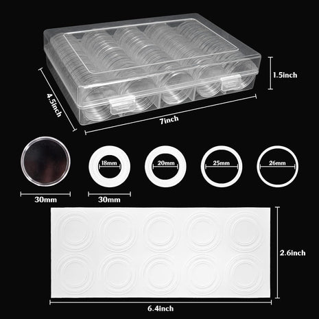 100 Pack 30Mm Coin Capsules with White Protect Gasket and Plastic Storage Organizer Box for Coin Collection Supplies, Clear and round Plastic Capsules, Fits 17/20/25/27/30Mm Size Coins