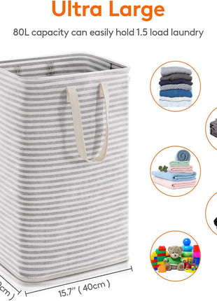 2 Pack Laundry Basket 80L Each, Collapsible Clothes Hamper with Reinforced Handles, Freestanding Waterproof Design for Bedroom and Laundry Room, Grey 160L Total