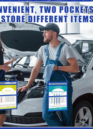 15 Job Ticket Holder 9 X 12 Dry Erase Pocket Sleeves Work Order Plastic Sleeves with Hanging Strap Reusable Repair Shop Ticket Holders, Both Sides Clear (Blue)