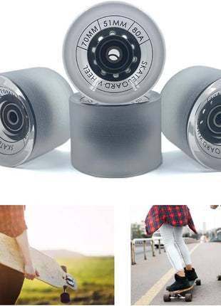 70Mm Longboard Wheels 80A Contains ABEC-9 Bearings and Spacers,Skateboard Riser Pads,Skateboard Hardware Screws Bolts,Fit for Your Longboard Skateboards.-Transparent Frosted