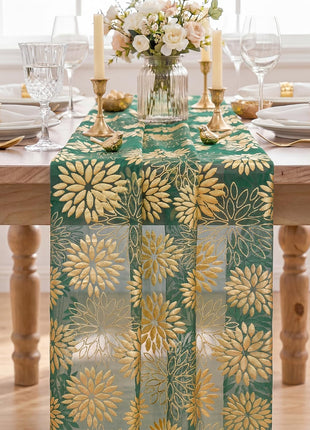 Green Gold Dahlia Flower Gauze Table Runner 120 Inch 10FT, Glitter Metallic Foil Seasonal Sheer Dining Holiday Table Decor for Home Party