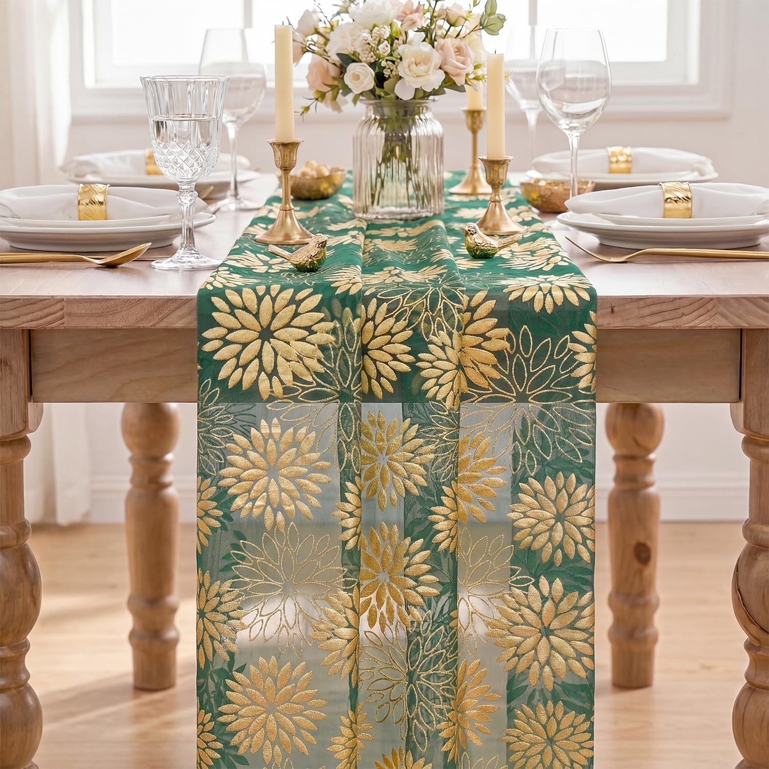 Green Gold Dahlia Flower Gauze Table Runner 120 Inch 10FT, Glitter Metallic Foil Seasonal Sheer Dining Holiday Table Decor for Home Party